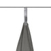 Grey towel hanging on a black line against a white background