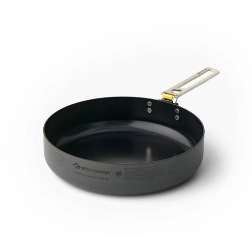 Black camping pan with handle on a white background