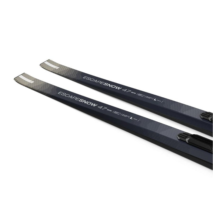 Close up of the backs of a pair of beige and grey skis with Salomon branding against a white background.