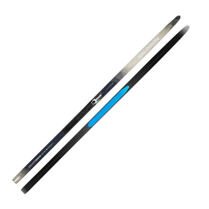 Beige and grey skis, one upside down to show a blue patch in the middle, against a white background.