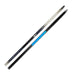 Beige and grey skis, one upside down to show a blue patch in the middle, against a white background.