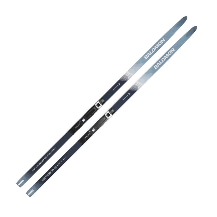 Light blue and black skis with Salomon branding against a white background.