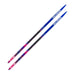 Blue and pink skis with Salomon branding against a white background.