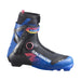 Blue, black and pink ski boot with Salomon branding against a white background.
