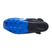 View of the sole of a blue and black ski boot against a white background.