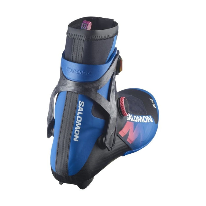 Blue, black and pink ski boot with Salomon branding shown from the back against a white background.