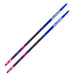 Blue and pink skis with Salomon branding against a white background.