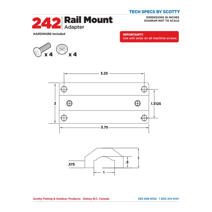 Technical specification sheet for a 242 Rail Mount Adapter by Scotty, showing hardware included and dimensioned line drawings on a white background.