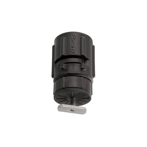 A black plastic quick-release mounting clamp with a silver metal threaded rod and a small silver T-handle, shown on a plain white background.