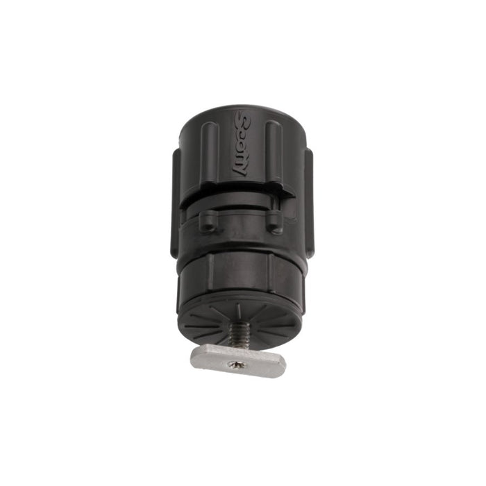 A black plastic quick-release mounting clamp with a silver metal threaded rod and a small silver T-handle, shown on a plain white background.