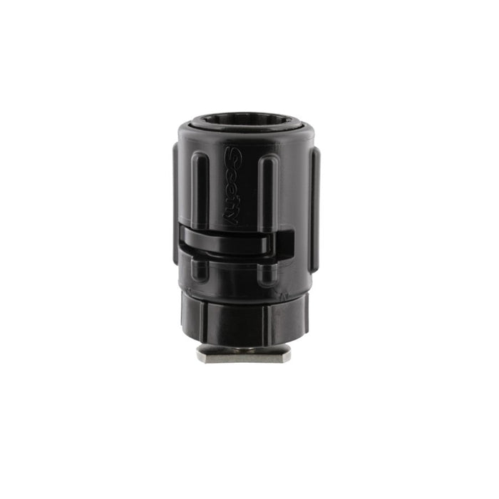 A black plastic quick-disconnect connector fitting with a metal tip, shown against a plain white background.