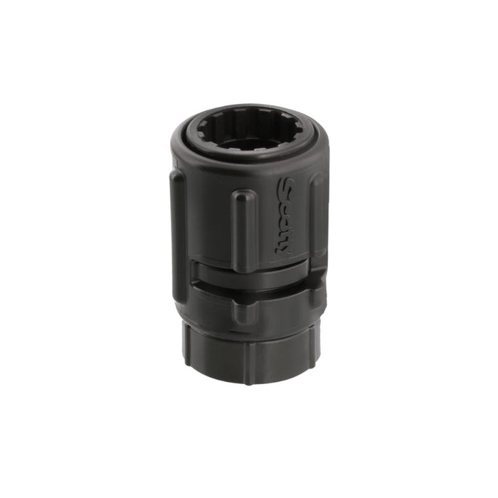 A black plastic socket adapter with a 1/4-inch BSP male connection on one end and a 1/4-inch female thread on the other, shown on a plain white background.