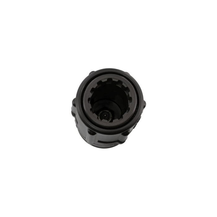 A black plastic cylindrical component with a threaded inner opening, shown from a top-down perspective on a solid white background.