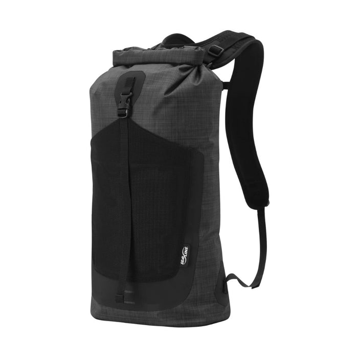 A dark gray and black waterproof roll-top backpack with a front mesh pocket and padded shoulder strap, shown on a plain white background.