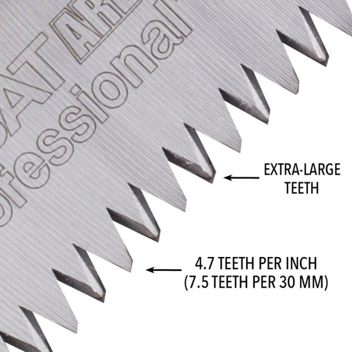 Close-up of a silver metal saw blade with serrated teeth and printed text reading 'Professional' and 'EXTRA-LARGE TEETH' plus '4.7 TEETH PER INCH (7.