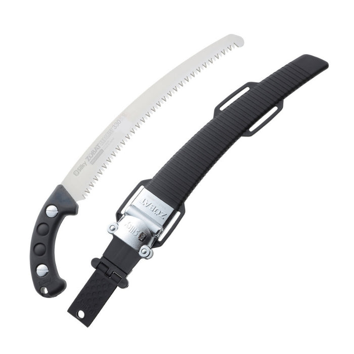 A curved bladed hand saw with a silver metal blade and black handle, shown with its black textured sheath  and silver buckle on a plain white background.