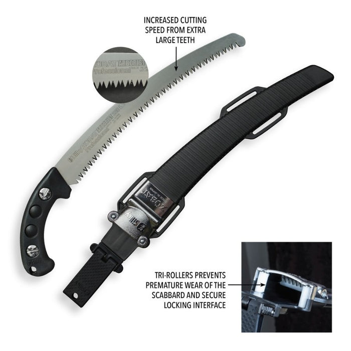 A black and silver hand saw with a black sheath, shown on a white background with callout graphics highlighting the larger teeth and tri-roll locking mechanism.
