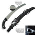 A black and silver hand saw with a black sheath, shown on a white background with callout graphics highlighting the larger teeth and tri-roll locking mechanism.