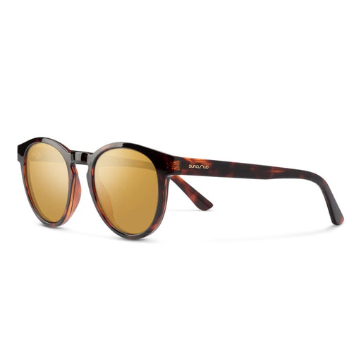 Sunglasses with tortoiseshell frame and gold lenses on a white background