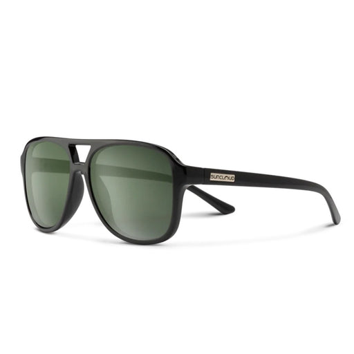 Black sunglasses with green lenses on a white background