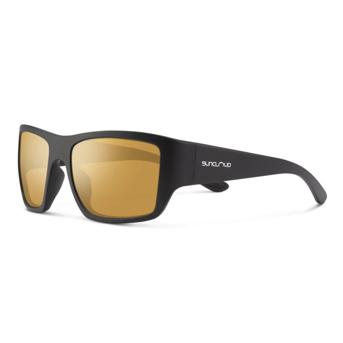 Black sunglasses with gold lenses on a white background