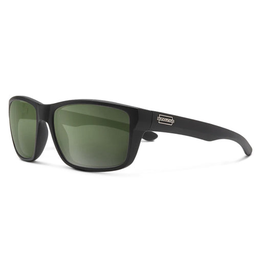 Black sunglasses with green lenses on a white background