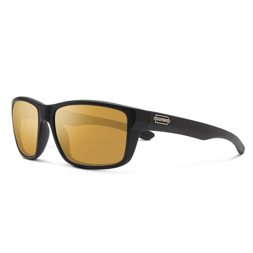 Black sunglasses with gold lenses on a white background