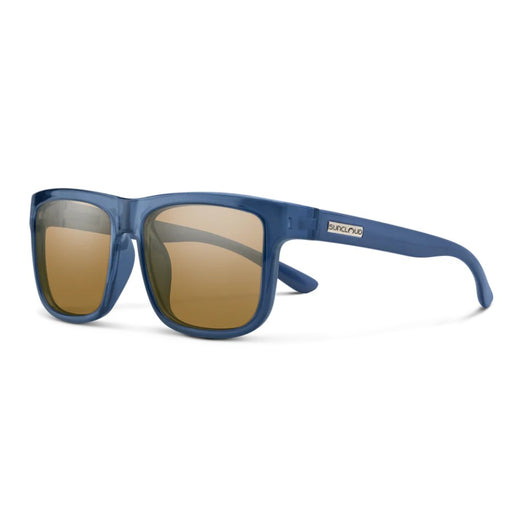 Blue sunglasses with brown lenses on a white background