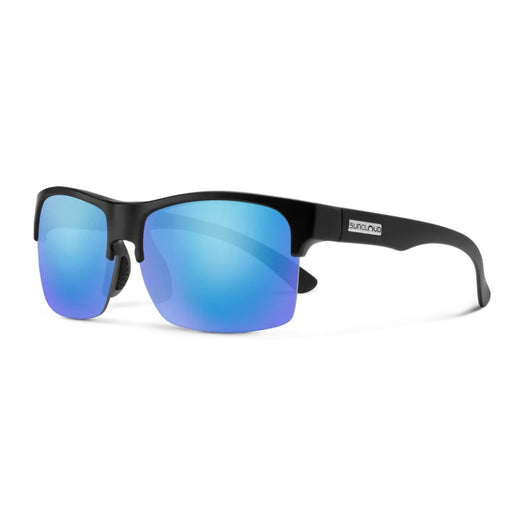 Black sunglasses with blue reflective lenses on a white background