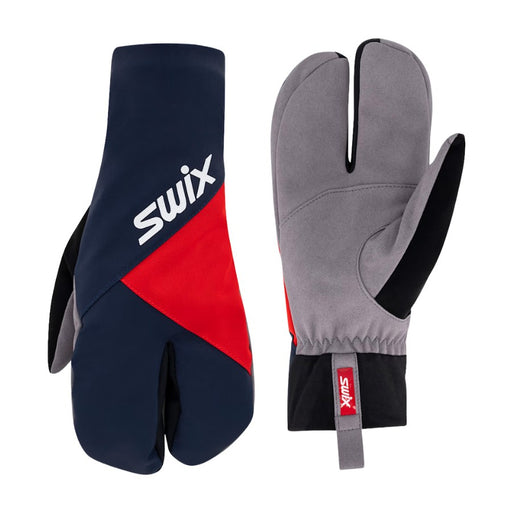 Two gloves, one navy with red and white accents and the other gray with black and red accents, on a white background. Both gloves feature the Swix brand logo.