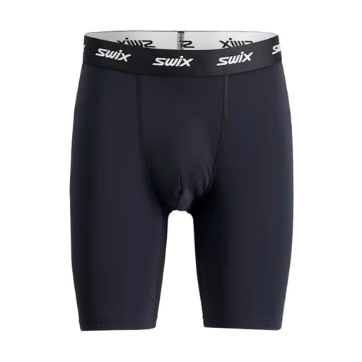 Black athletic shorts with Swix branding on a white background