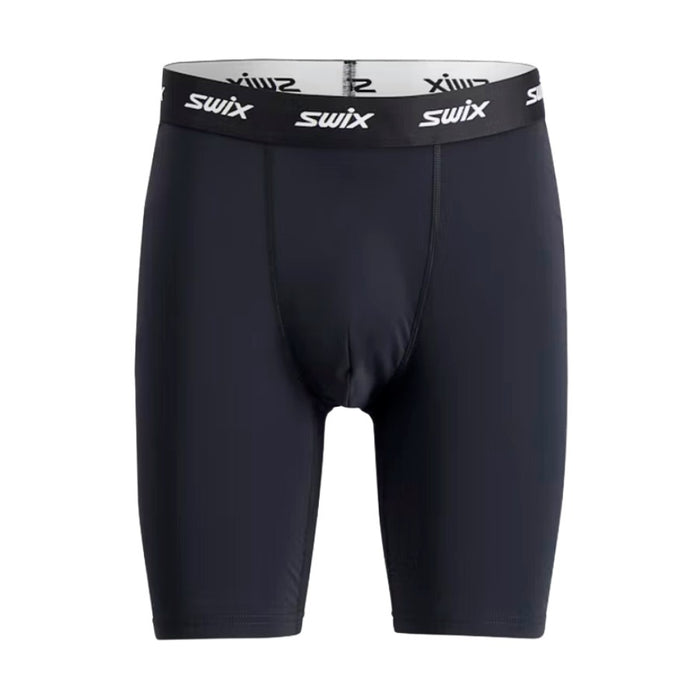 Black athletic shorts with Swix branding on a white background
