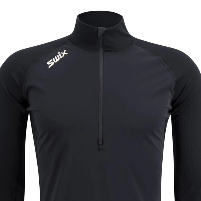 Black long-sleeve athletic shirt with a zipper on a white background, featuring the Swix logo.