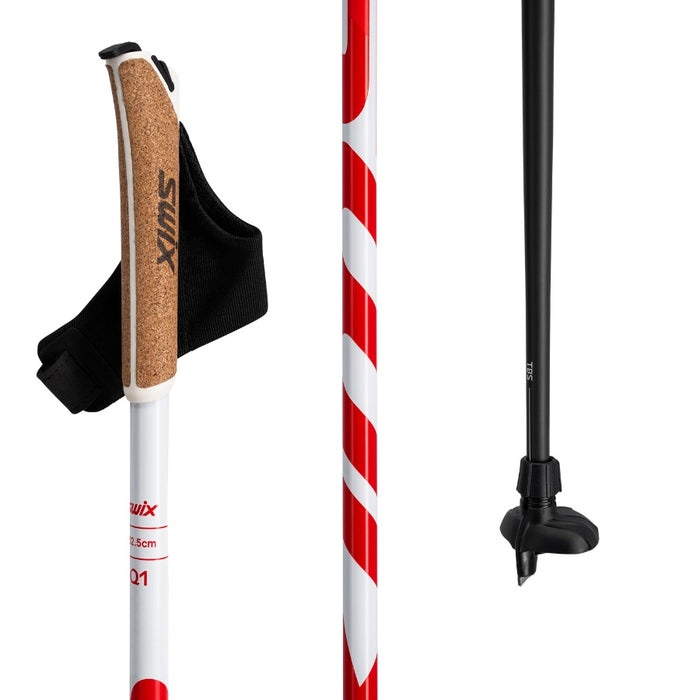 Two ski poles with cork grips and red and white patterns on a white background
