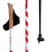 Two ski poles with cork grips and red and white patterns on a white background