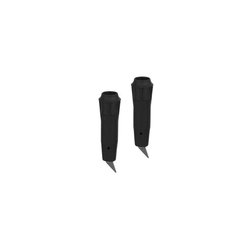 Pair of black ski pole tips against a white background.