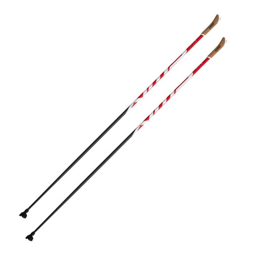 Pair of black, white and red ski poles against a white background.