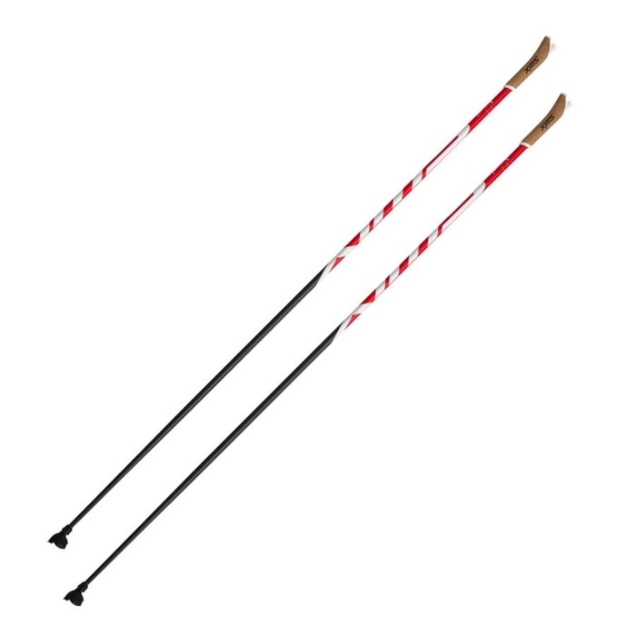 Pair of black, white and red ski poles against a white background.
