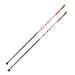 Pair of black, white and red ski poles against a white background.