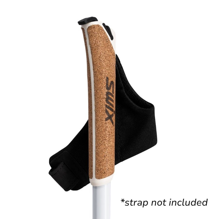 Cork ski pole grip and black strap with Swix branding against a white background.