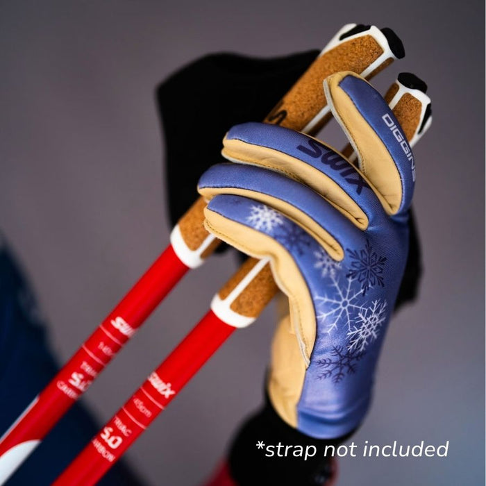 Close up of a hand wearing a blue and tan glove holding red ski poles against a dark background.