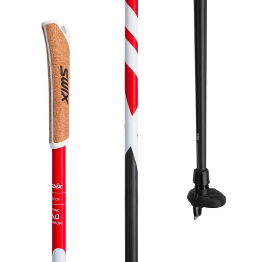 Diagram showing three sections of a red, black and white ski pole against a white background.