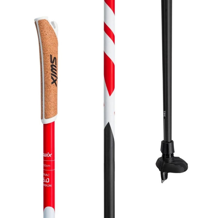 Diagram showing three sections of a red, black and white ski pole against a white background.