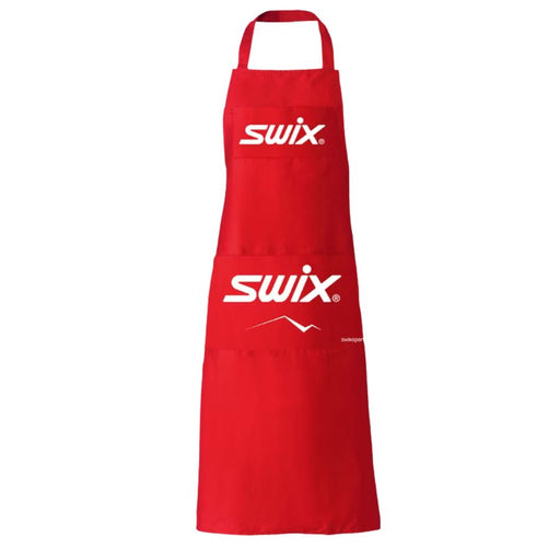 Red apron with Swix logo on a white background
