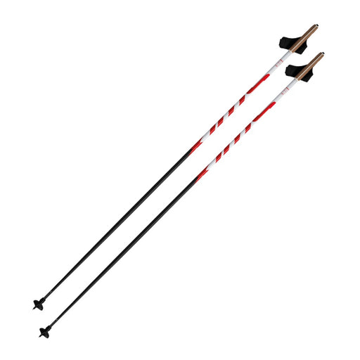 Two ski poles with red and white striped shafts on a white background