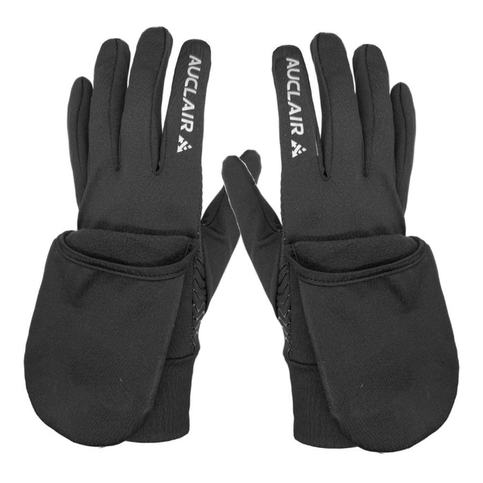 Pair of black gloves with 'Auclair' branding on a white background