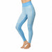 Light blue high-waisted athletic leggings with striped and textured paneling, shown on a model from the waist down against a white background.