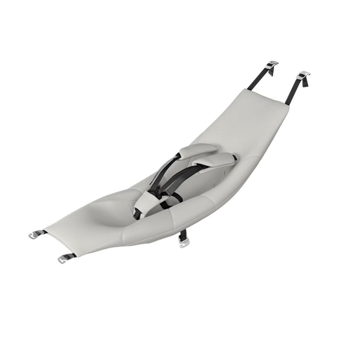 White hammock chair with black straps on a white background