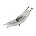 White hammock chair with black straps on a white background