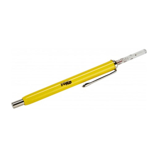 A yellow Yoko brand thermometer with a silver metal clip and silver end caps, shown diagonally on a plain white background.